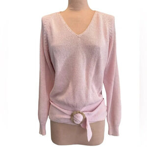Ann Wi Pink Knit V-Neck Belted Sweater with Ring Detail Size Small